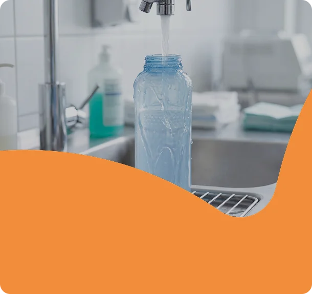 Trinkflasche mit Weithals wird am Wasserhahn gefüllt