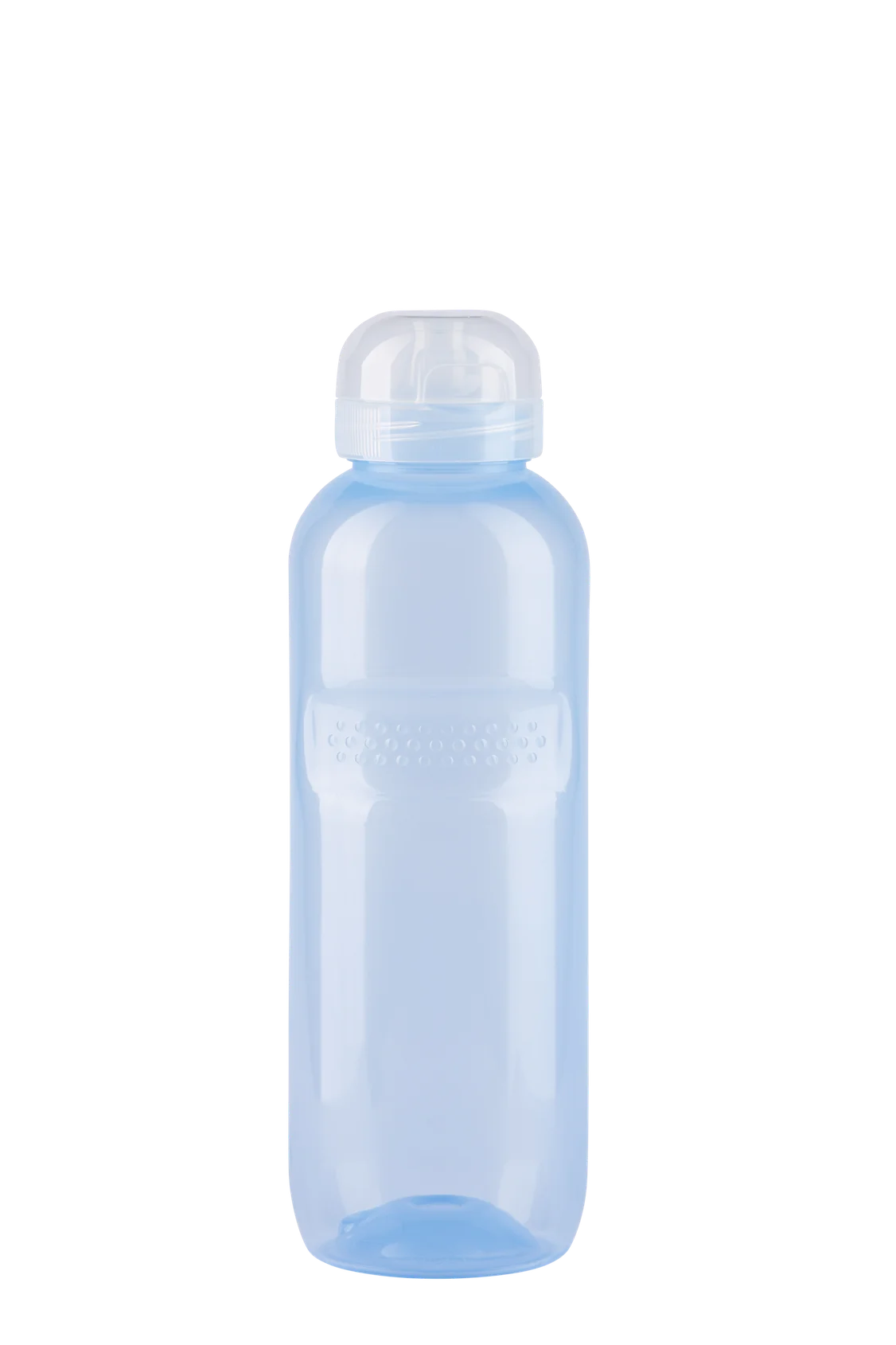 Hellblaue Trinkflasche aus Kunststoff mit weißem Schraubdeckel